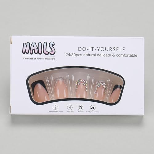 24Pcs Black French Tip Press on Nails Short Square Fake Nails with Silver Rhinestones Nail Tips Design Nude False Nails Full Cover Artificial Glue on Nails Reusable Stick on Nails for Women DIY Salon - Thumbnail 3