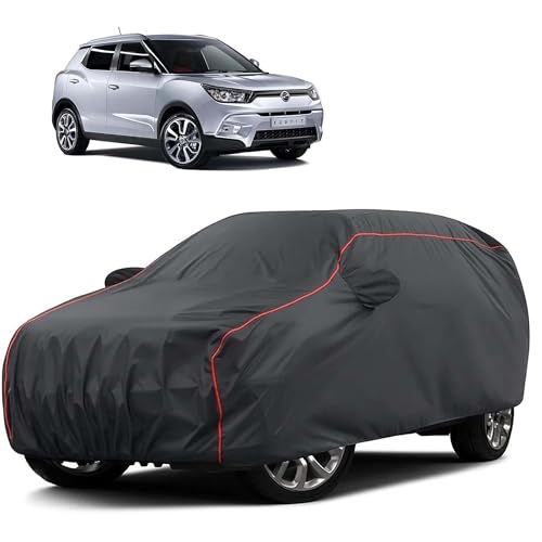 Image of Sulfar 100% Water Resistant Car Body Cover Compatible with Mirror for SsangYong Tivoli (Triple Stitched, Full Bottom Elastic, Dark Grey Taffeta with Red Piping)