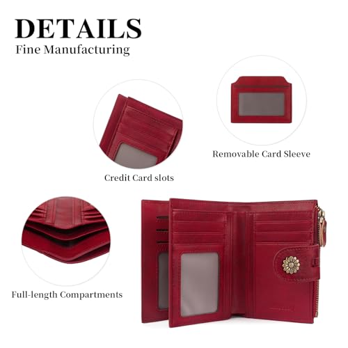 Image of Wallet Women,RFID Blocking Real Leather Womens Wallet Bifold Compact Card Holder Small Wallet for Women with Removable ID Window Red