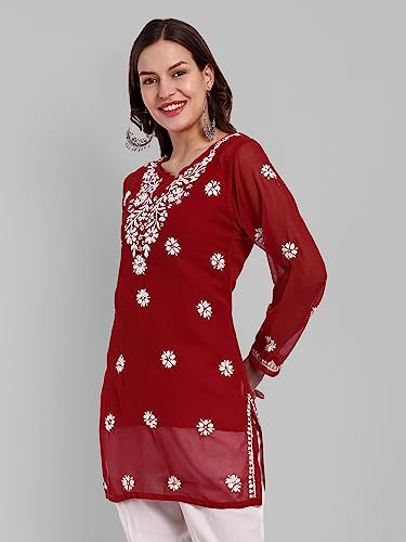 Image of Ada Women's & Girl's Georgette Hand Embroidered Lucknow Chikankari Regular Fit Short Kurti Top with Slip A911300