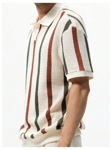Men's Striped Sweater Casual Short Sleeve Collared Knit Pullover Tops4