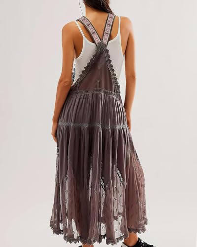 Image of ebossy Women's Laced Embroidered Tulle Bib Dress Casual Loose Adjustable Straps Maxi Dress