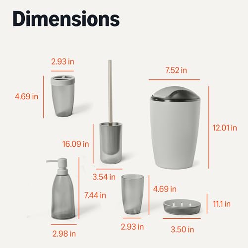 Image of Amazon Basics Bathroom Set, 6-Piece with Toothbrush Holder, Soap Dispenser, Soap Dish, Toothbrush Cup, Trash Can, Toilet Brush and Holder, Grey