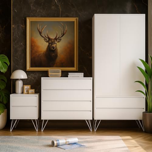 Modern White Bedroom Furniture Set with Metal Hairpin Legs, 3-Piece Storage Collection, Wardrobe, 4-Drawer Chest, 2-Drawer Bedside Table