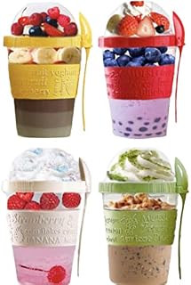 VL 4PCs Yogurt Pots Reusable 20 Oz Overnight Oats Container with Lid & Spoon BPA free Breakfast Pots to GO Cereal On the Go Dishwasher Safe Lunch Box Oatmeal Jars, Set of 4 (Red, Cream, Green, Yellow)