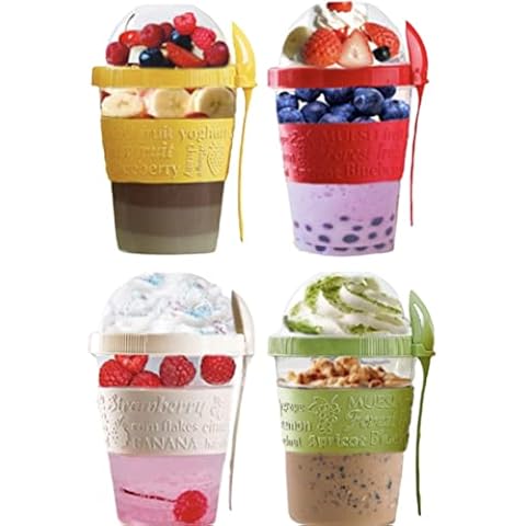 VL 4PCs Yogurt Pots Reusable 20 Oz Overnight Oats Container with Lid & Spoon BPA free Breakfast Pots to GO Cereal On the Go Dishwasher Safe Lunch Box Oatmeal Jars, Set of 4 (Red, Cream, Green, Yellow) Cover