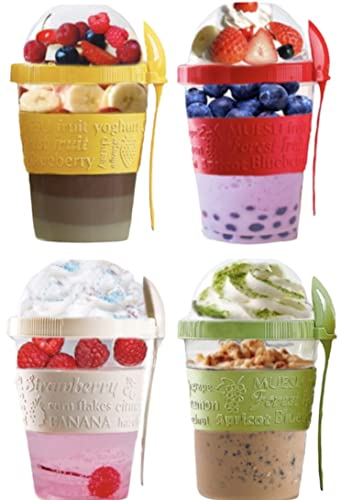 VL 4Stck Joghurt Töpfe wiederverwendbare 20 Oz Hafer mit Deckel & Löffel Frühstück Getreide auf dem Sprung spülmaschinenfest Mittagessen Haferflocken Jars (Satz von 4 (Rot, Creme, Grün, Gelb)) Cover