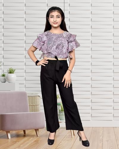 Image of Girls /Kids Printed Floral Designer Top and Palazzo Set Crop Top and Palazzo Set Printed /Fancy Palazzo and top Set for Girls with tie in Waist