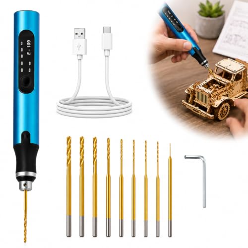 3-Speed Electric Mini Drill Pen Rechargeable DIY Electrical Hand with 10 Small Drill Bits Electric Engraving Tool Kit for Wood Resin Keychain Pendant Earring Jewelry Making Stone Plastic (Blue)