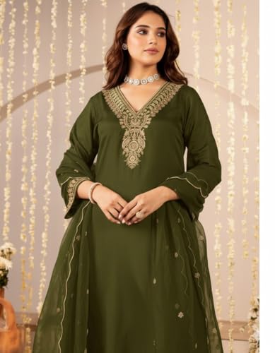 Image of Nermosa Women Embroidery Solid Anarkali Kurta and Pant Set with Dupattas