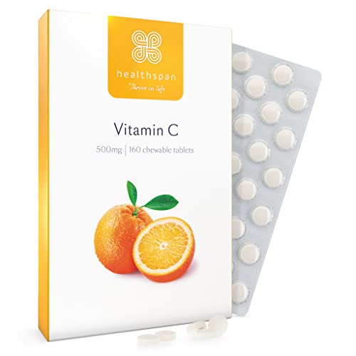 Healthspan Vitamin C 500mg (160 Chewable Tablets) | Supports Immune & Nervous Systems | Boosts Energy Levels & Psychological Function | Added Natural Citrus Bioflavonoids | Free of Aspartame | Vegan