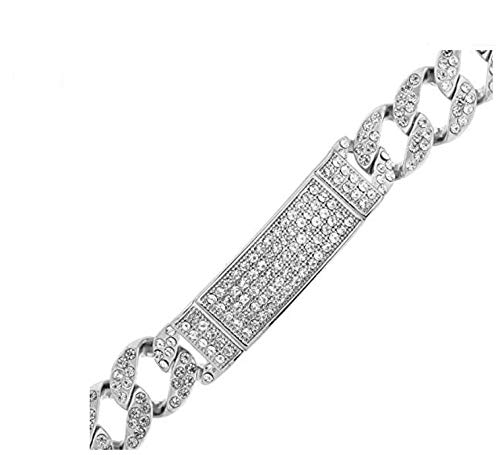 Mens Womens Cz Miami Cuban Link Hip Hop Iced Out Curb Cuban Bracelet With Clear Rhinestones (Silver Id Bracelet) #TOP1