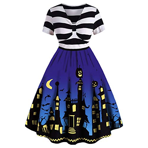 Vestido de Halloween con estampado vintage, línea A, a rayas, para mujer, extragrande azul M-36/38/40
