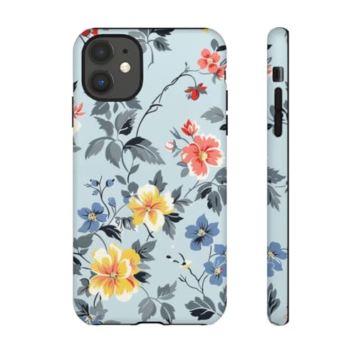 Coque iPhone 11 motif floral vintage bleu pastel rigide mate