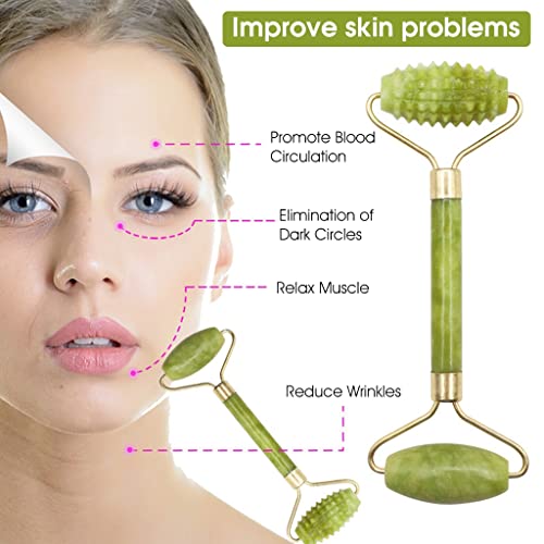 Image of MAYCREATE Jade Roller & Gua Sha Tool Face Massager 100% Natural Puffiness Facial Skin Massager with Gua Sha for Neck Skin, Cheeks Slimmer with Gift Box | Daily Facial Massage, Helps Reduce the Look of Puffiness, Natural Jade Stone, Handheld Design