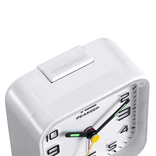 Image of Peakeep 3D Numbers No Tick-Tock Analog Alarm Clock with Classic Beep Sound, Snooze, Manual Light and Battery Powered Small for Travel (White-3D)
