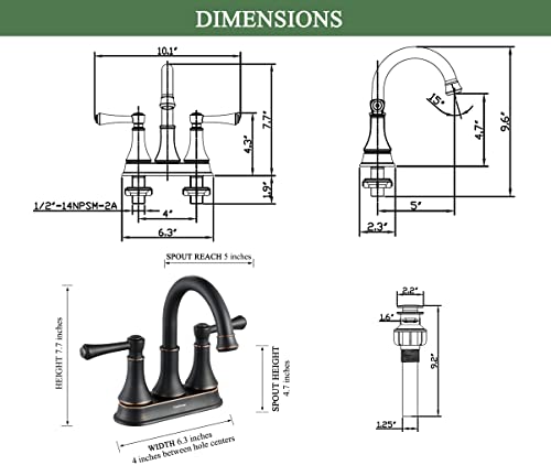 TimeArrow Oil Rubbed Bronze 2 Handle Centerset Bathroom Sink Faucet with Pop up Drain, High Arc Modern 4 Inch Bathroom Vanity Lavatory Faucet for 3 Holes with Brass 360° Swivel Spout, TAF067Y-ORB by TimeArrow - Image 6