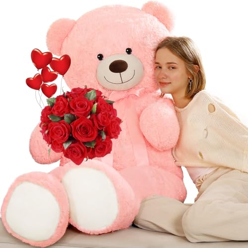 Tezituor 52 Inch Giant Teddy Bear Stuffed Animal, Pink Big Teddy Bear Plush Toys for Girlfriend, Kids, Life Size Large Bear Plushies Gift for Valentine’s Day, Christmas, Birthday