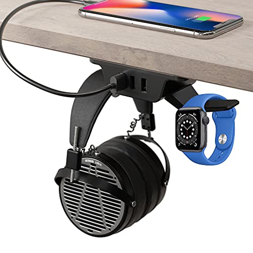 70% Off Everything HumanCentric Hook and Charge Headphone Hanger with USB Charger, Under Desk Headphone Mount + Headphone Stand, Charge Accessories with 3 USB A Ports, Hook Headphones on Headset Holder Desk Hook, Black