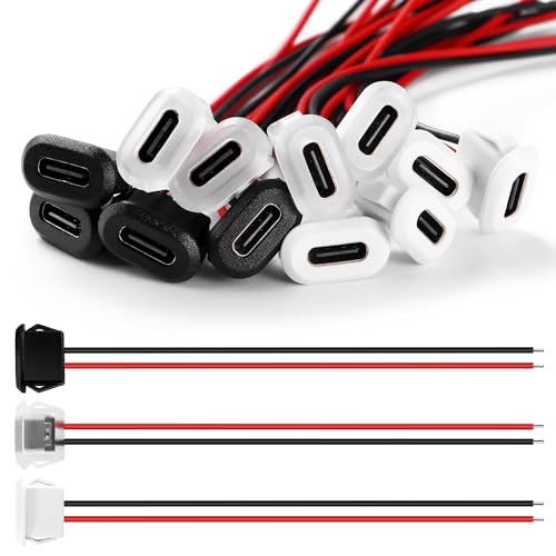 KUOQIY 12 Stücke 3 Farben 3A 2 Polige USB-C Buchse, USB C Buchse mit Schnappnut Schnalle, 2-Draht Einbau Typ-C-Buchse mit 100mm 24 AWG Drähten