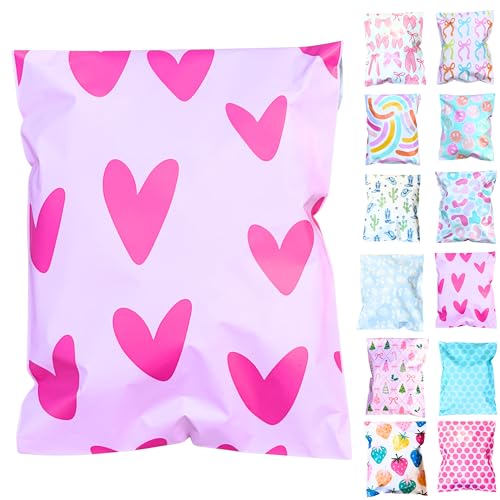 6x9 Designer Poly Mailer 100 Pack Heavy Duty Polymailers Waterproof Self Seal Shipping Bags Packaging for Small Business Large Mailing Envelopes Bulk Tear Resistant Packaging Pink Hearts