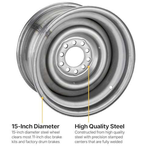 Speedway Motors Smoothie 15 x 8 Plain Steel Wheel, 5 on 4.5/4.75 Dual Bolt Patterns, 4.25 Wheel Backspacing, 3/16 Inch Thick Steel Centers with Reinforcing Rib