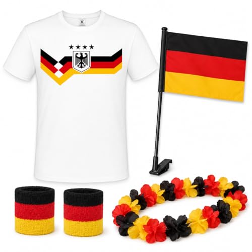 Deutschland Fan Set mit T Shirt Autoflagge 2 Schweißbändern und Hawaiikette Fan Outfit für Fußball Public Viewing Fanparty Schwarz Rot Gold Herren Damen S - 5XL
