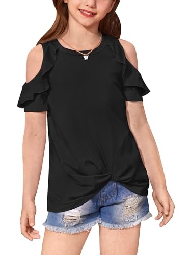 BesserBay Girl's Cold Shoulder Twist Knot Front Tunic Shirt Ruffle Trim Crew Neck Short Sleeve Tee 6-14 Years