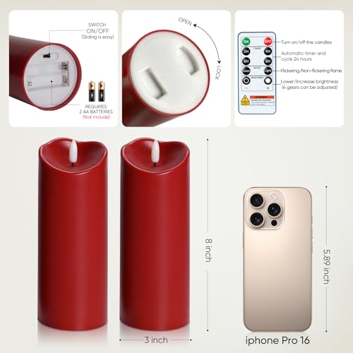 Image of Raycare 8 inchx3 inch Outdoor Waterproof Flameless Candles with Remote and Timer, Battery Operated LED Electric Fake Pillar Candle for Valentine's Day, Home, Wedding Decor, Red, Set of 2