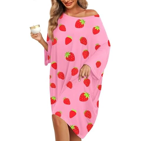 KFUBUO Plus Size Nightgowns for Women Oversized Sleep Tshirts Dress Pjs Lounge Short Sleeves Strawberry Sleepwear With Pocket Fit S-5XL Cover