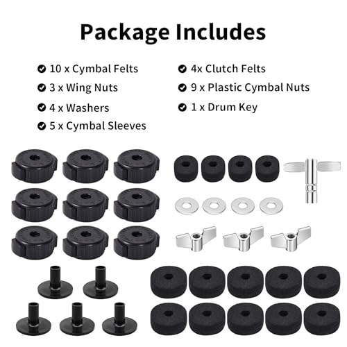 36 PCS Cymbal Replacement Accessories, Clutch Felts, Drum Cymbal Felt Pads Include Wing Nuts & Washers & Plastic Cymbals Sleeves & Drum Key and Plastic Cymbals Nuts, Replacement for Drum Set,Black