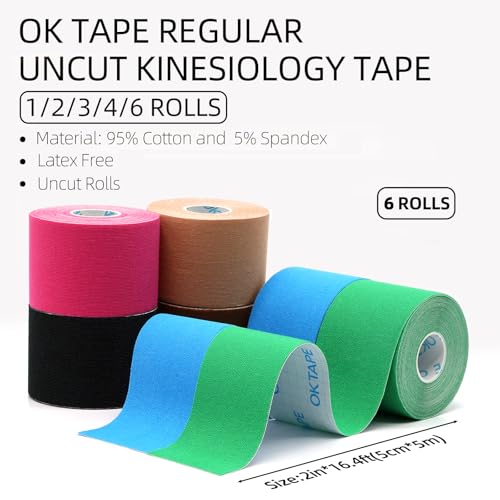 Image of OK TAPE Kinesiology Tape (6 Pack) Latex Free Cotton Uncut 2in x 16.4ft | Regular Elastic Water Resistant Therapeutic Athletic Tape for Support Muscle Joint Knee Injury Recovery Mixed Color