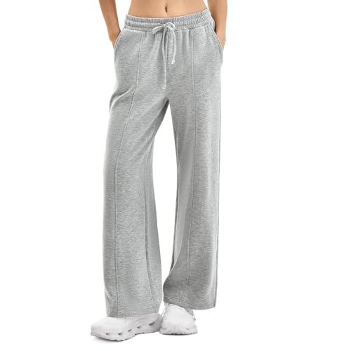 SINOPHANT Womens Wide Leg Sweatpants Light Fleece Lined Baggy Lounge Pants with Pockets Fall Drawstring Athletic Joggers XS Light Grey
