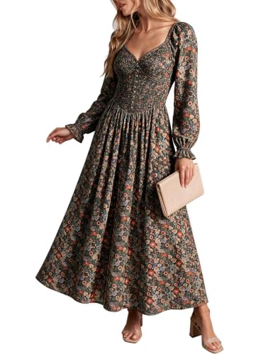 LERASON Women's Long Sleeve Sweetheart V Neckline Fall Boho Maxi Dress,M