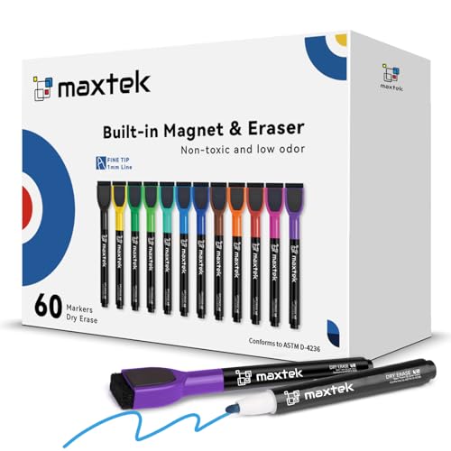 Image of maxtek 60 Count Magnetic Dry Erase Markers, Fine Tip, 12 Colors, Low Odor Whiteboard Markers with Built-in Eraser