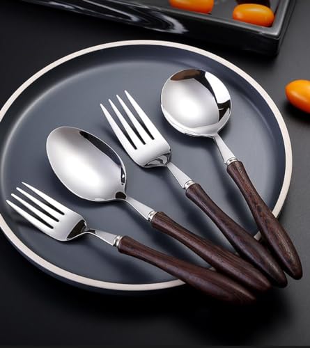Ensemble de couverts élégants en bois et acier inoxydable pour 8 personnes - Vaisselle moderne de 40 pièces pour la cuisine et les restaurants - Comprend des couteaux, des fourchettes et des cuillères