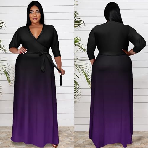 Runwind Plus Size Dresses for Women Gradient Maxi Dress Flowy 3/4 Sleeve with Belt4