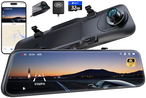 Pelsee P12 Pro 4K Mirror Dash Cam w/ADAS and BSD, 5.8GHz WiFi 20MB/s Download, Rear View Mirror Camera 4K Front and 1080P Rear, Voice Control, GPS, Color Night Vision, 12" Touch Screen,32G Memory Card