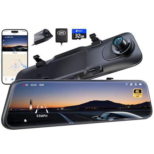 Pelsee P12 Pro 4K Mirror Dash Cam w/ADAS and BSD, 5.8GHz WiFi Rear View Mirror Camera, 2160P Front and 1080P Rear Dual Cameras,Voice Control, GPS, Color Night...