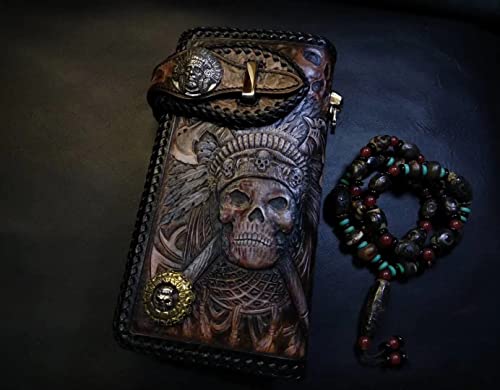 Badass Black Leather Men's Indian Chief Skull Biker Wallet Handmade Leather Carved Tooled Long Wallets For Men #TOP3