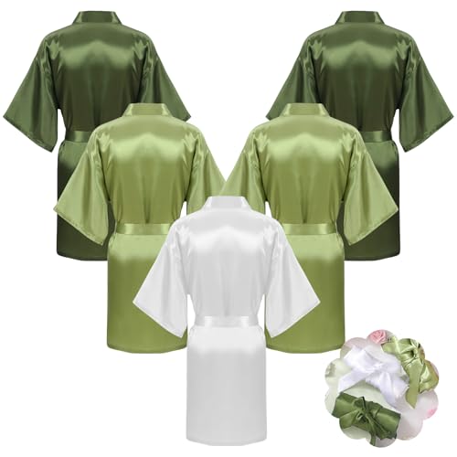 Velmitten 5 Pcs Bridesmaid Wedding Robes Silky Bridal Party Bride Bridesmaid Satin Bridal Robe for Wedding(White, Gradient Green)