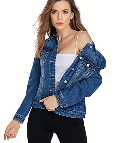 Peiqi Blue Classic Jean Jackets For Women Basic Long Sleeve Button Downs Ripped Denim Jackets M #TOP3