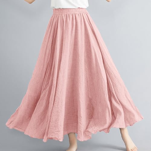Women's Bohemian Style Elastic Waist Band Linen Long Maxi Skirt Dress Casual Summer Baggy A-Line Flowy Swing Skirts2