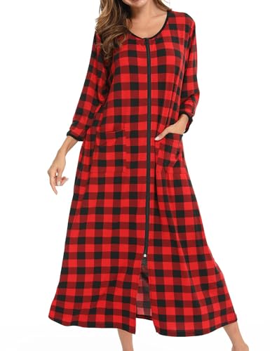 Image of Bloggerlove Zipper Front Robes for Women House Coat Half Sleeve Loungewear Long Nightgown with Pockets S-3XL