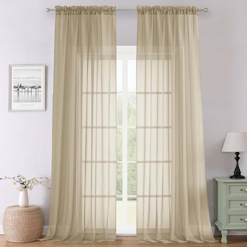 Lecloud Taupe Sheer Curtains 120 Inches Long 2 Panels Set, Rod Pockets Light Filtering Curtains for Living Room Bedroom Dining Room, Solid Color Airy Voile Rustic Drapes, Each Panel 59" W x 120" L
