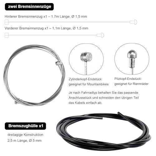 Fahrrad Bremszuge Set Universal Bremszug Fahrrad Bowdenzug Fahrrad Set mit Zugmäntel, Stahlseile, Kappen & O-Ringen für Mountainbike Rennrad Fahrrad