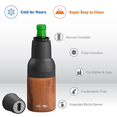 asobu Frosty Beer 2.0 Fully Insulated Stainless Steel 12 Ounce Beer Bottle and Can Cooler with Beer Bottle Opener (Wood)