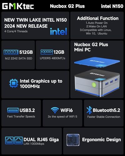 undefined GMKtec Mini PC Intel N150(Turbo 3.6GHz) 12GB DDR5 512GB SSD Dual LAN, Desktop Mini Computer 4K Triple Display, WiFi6, BT5.2, Energy Efficient Nucbox G2 Plus の商品画像 1