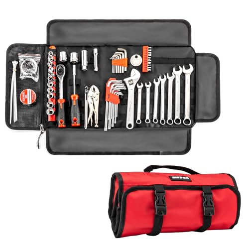 Mofun 64-Piece Motorcycle Tool Kit Universal with Roll Pouch Roadside Travel Wrenches, Ratchet Universal Compatible with Cars Fit Trucks Fit Motorcycles Fit Enduro Dirt Bikes Fit UTVs Fit ATVs, Red