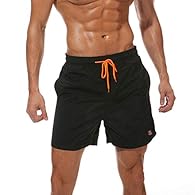 Swimming shorts with durable pockets: 2 side pockets, 1 flap back pocket, prvoide large space for your phone, wallet ect. The side pockets can easily bear the weight of the phone without sagging. Adjustable Waist, elastic band with drawstring, 5-8 cm...